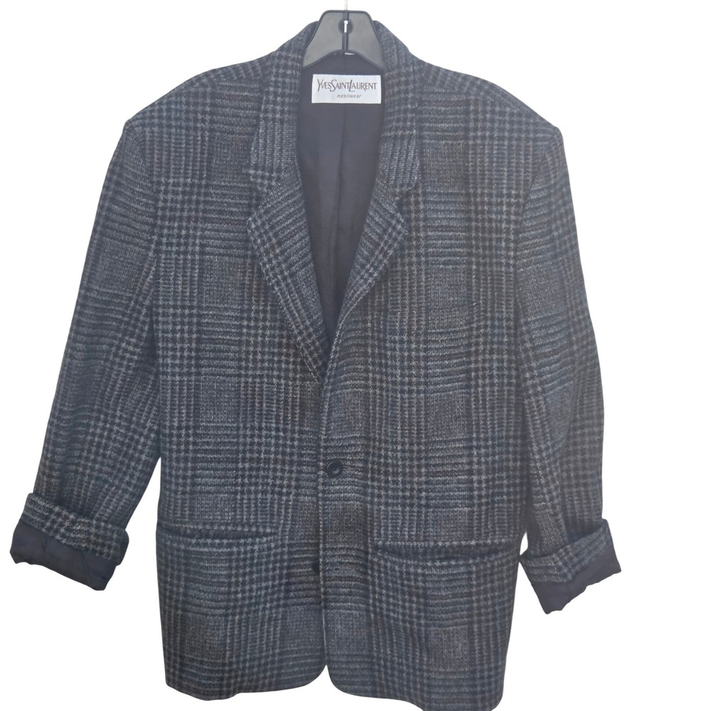 Vintage Yves Saint Laurent Glen Plaid Wool Blazer Tailored Academia Preppy Dark